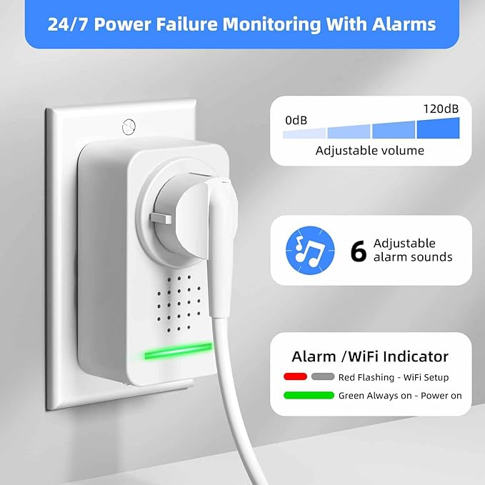 Power Failure Alarm WiFi with 4 Email Addresses, Loud 120dB Smart Power Outage
