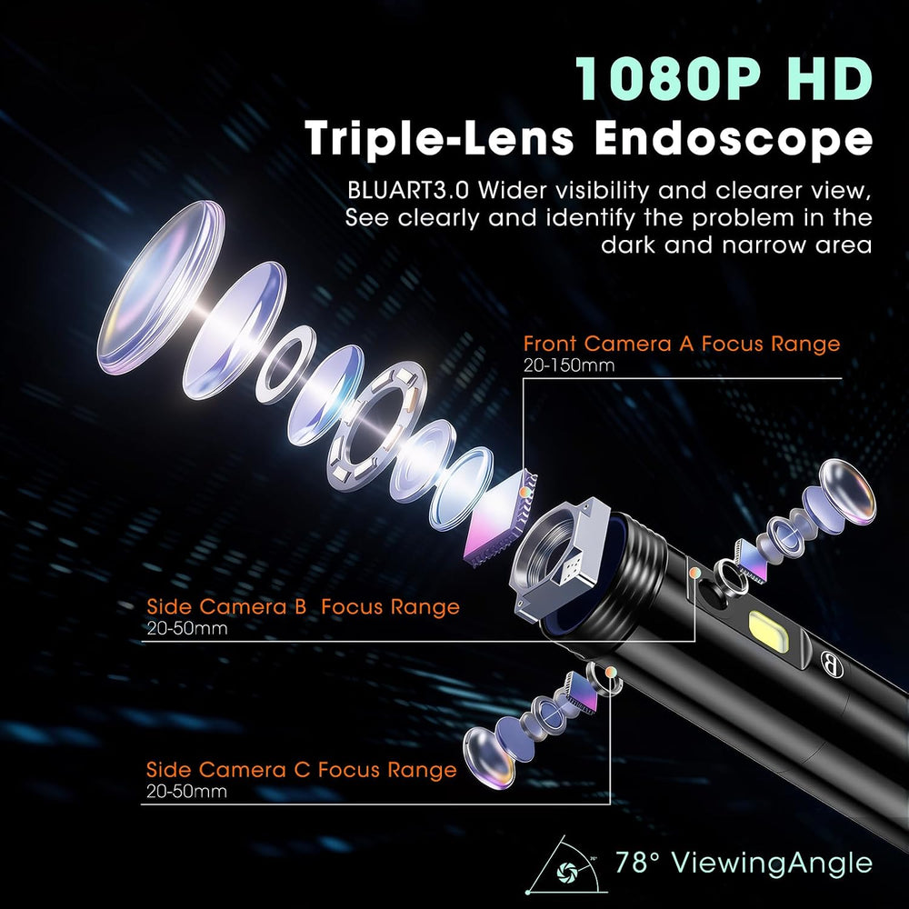 50FT Triple Lens Endoscope Camera,5" Sewer Drain Pipe Inspection