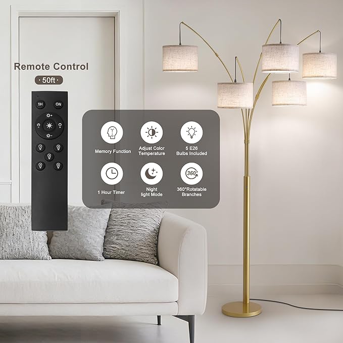 Fansdrick Gold Floor Lamps for Living Room, 4000LM Super Bright Arc Floor Lamp