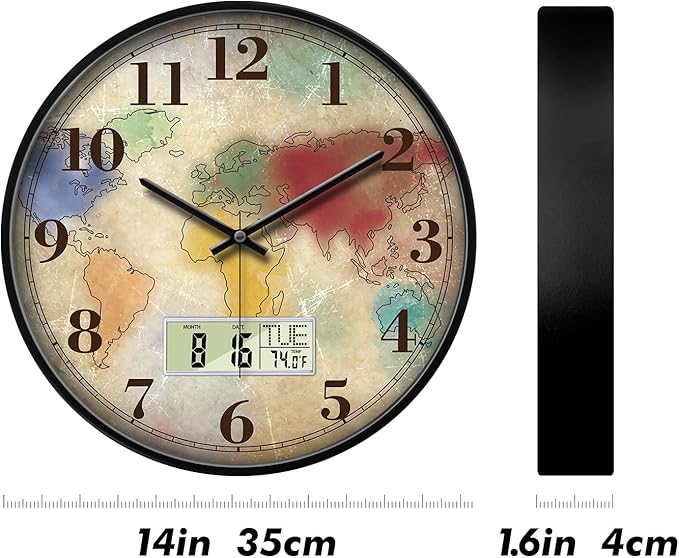 Modern Round Retro Digital and Analog Wall Clock Silent Calendar Colorful World