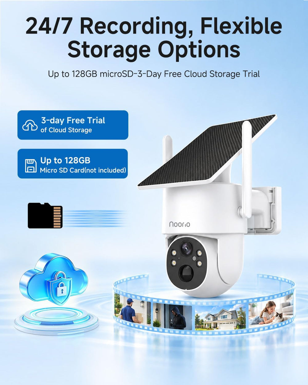 Noorio 2K 4MP Solar Security Camera Outdoor Wireless 360° PTZ, WiFi 6, IP65