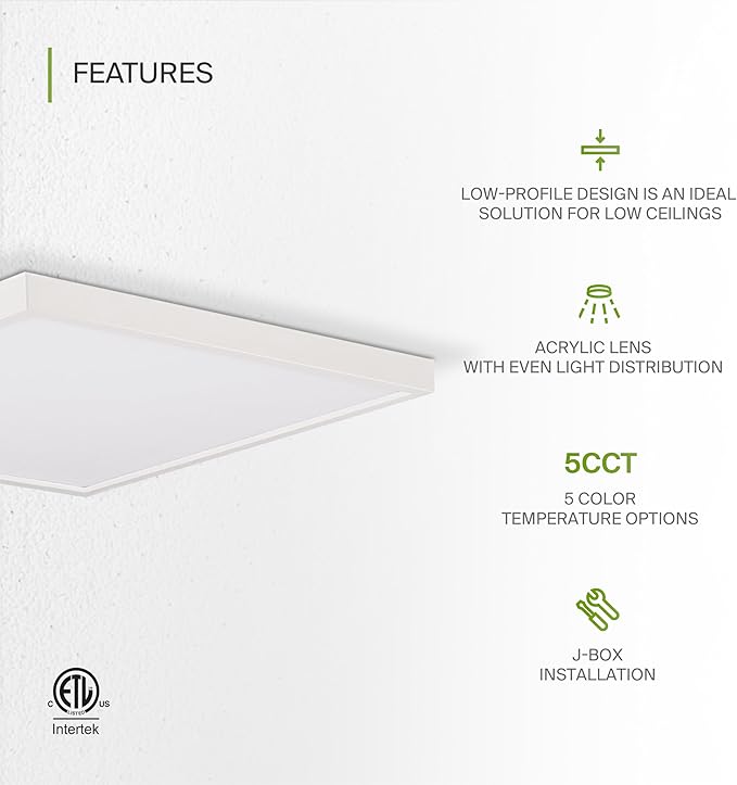 ASD LED 12" Square Flush Mount Ceiling Light Fixture, Low Profile Surface
