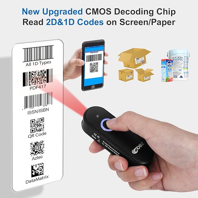 OBZ Mini Bluetooth Barcode Scanner, 2D Wireless Barcode Scanner, Versatile