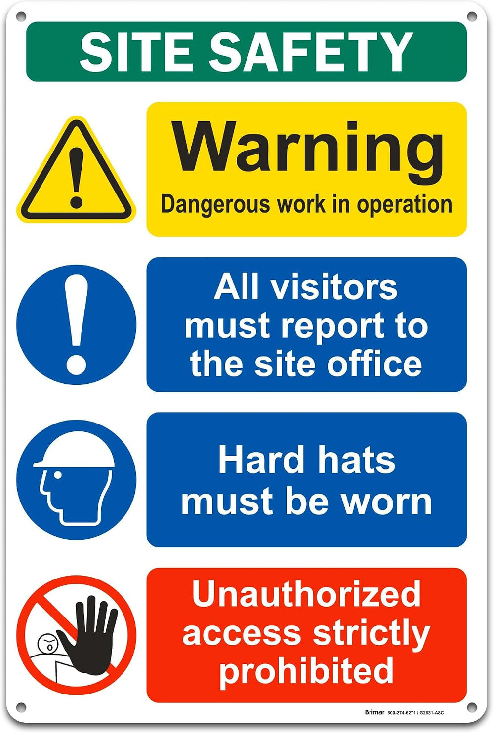 Brimar - 12" x 18" - Construction Site Safety Sign - .063″ White Ru...