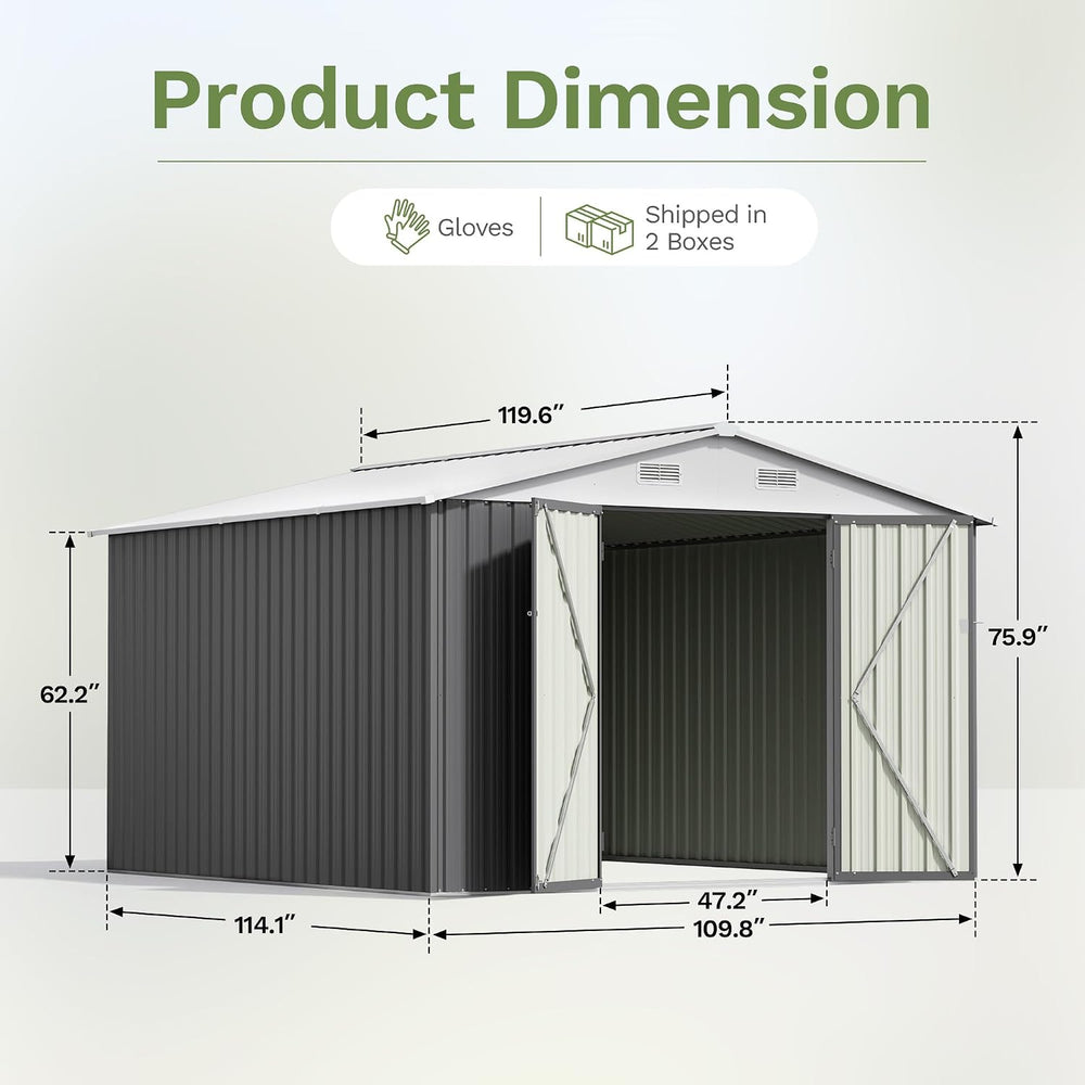 Patiowell 10x10 FT Storage Shed, Outdoor Metal Sheds, Gray