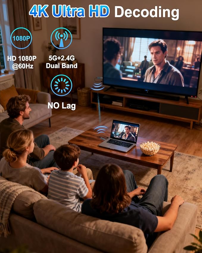 2026 Upgraded Wireless HDMI Transmitter and Receiver 328FT/100M, Plug & Play