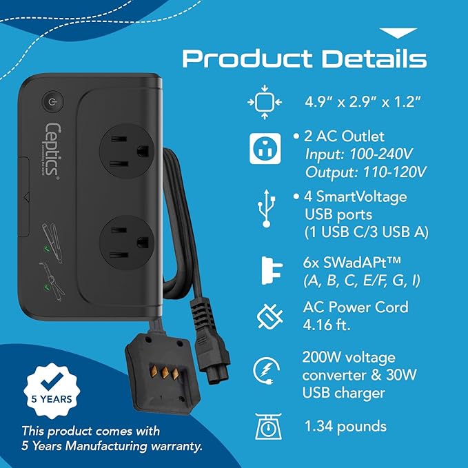 Ceptics - 6 in 1 Travel Adapter and Voltage Converter, 220V to 110V Converter