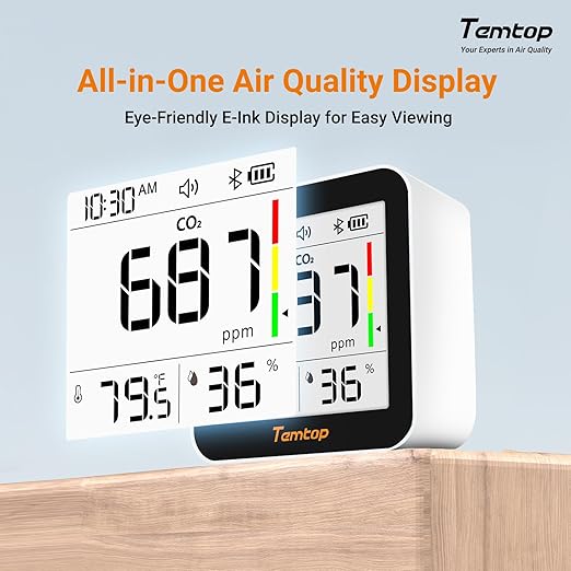 Temtop CO2 Monitor Indoor Air Quality Monitor 3 in 1 CO2 Meter, 180 Days