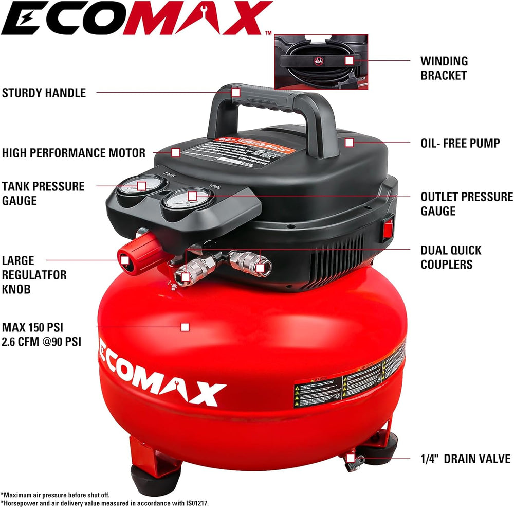 ECOMAX 6 Gallon Pancake Air Compressor 150PSI, 2.6 CFM @ 90 PSI Red