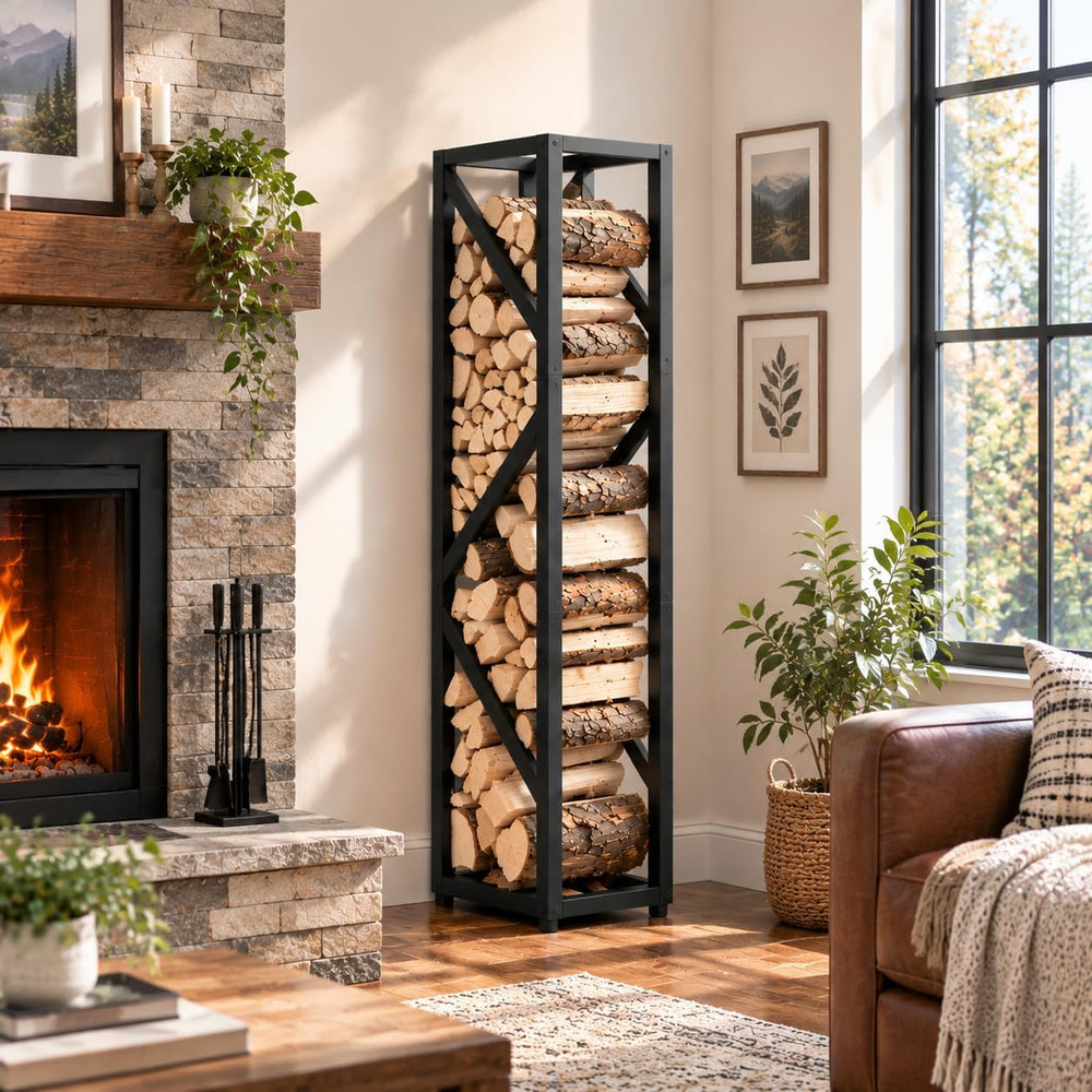 Firewood Rack Indoor, 47 Inch Heavy Duty Fireplace Log Holder Anti-Tip Hook