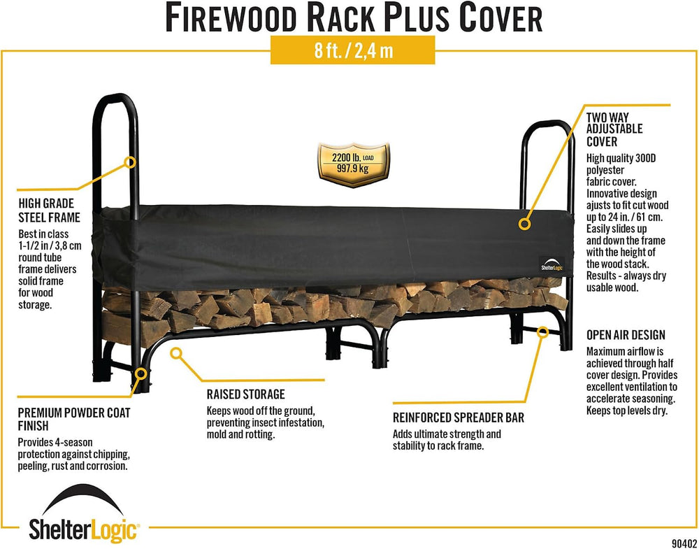 ShelterLogic 8' Adjustable Heavy Duty Outdoor Firewood Rack with Steel Fr...