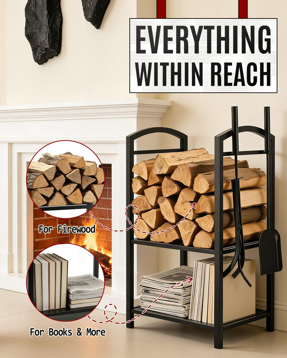 29" Heavy Duty Firewood Rack Indoor with 4 Fireplace Tools Set
