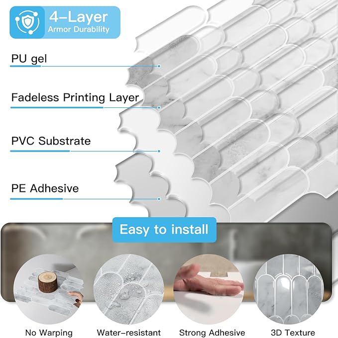 Art3d 12 x 12 Inch Heavy-Duty Peel and Stick Backsplash, Self-adhesive Wall (...