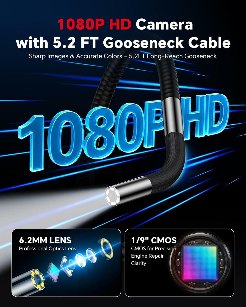 2-Way Articulating Borescope, Phone Endoscope Camera with Light