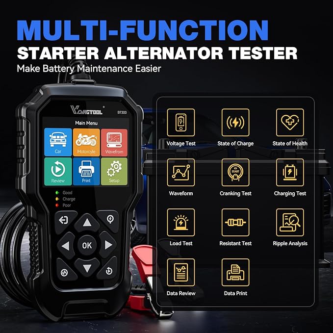 VDIAGTOOL BT300 Car Battery Tester 6V 12V, 5-3000 CCA Load Tester Starter
