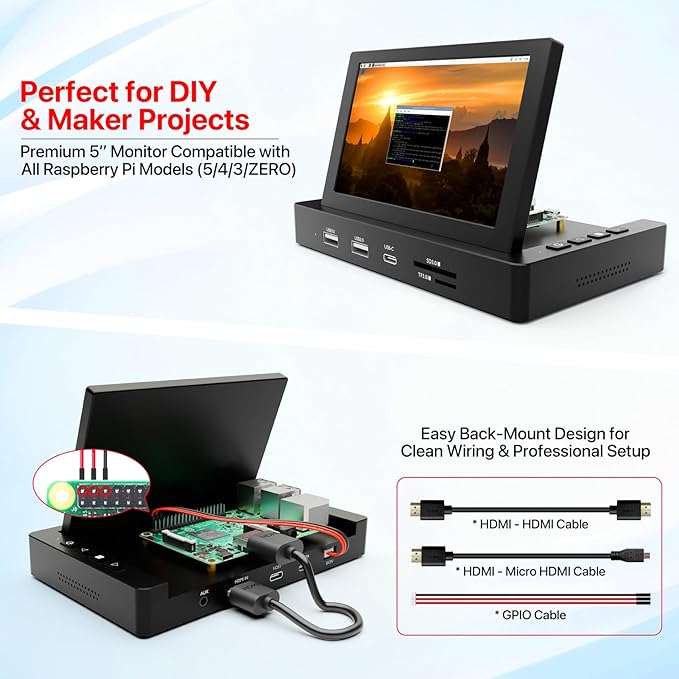 ROADOM 5'' Mini Monitor with Raspberry Pi Mount Holes & USB HUB, ...