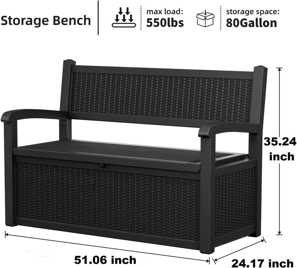 80 Gallon Storage Bench Deck Box Resin Patio Furniture with Armrest, Waterpro...