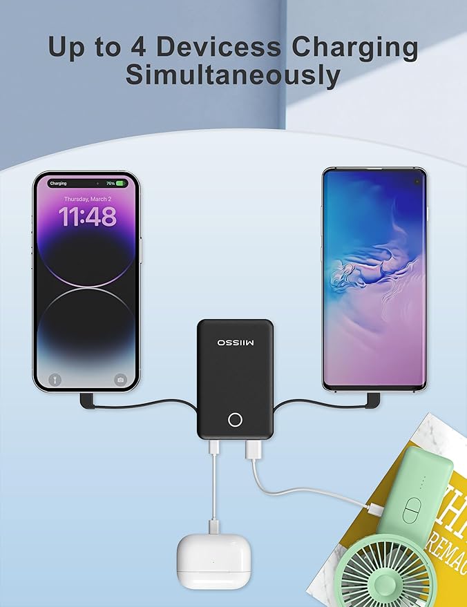 miisso 6000mah Ultra Slim Built in Cables Power Bank, Card Size Built in USB C