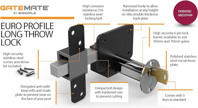 GateMate Long Throw Gate Lock 1490096, Euro Profile Keyed Both Sides Gate Lock