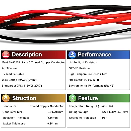 10 Gauge Wire - iGreely Solar Panel Wire 30Ft Black & 30Ft Red 10AWG Tinned