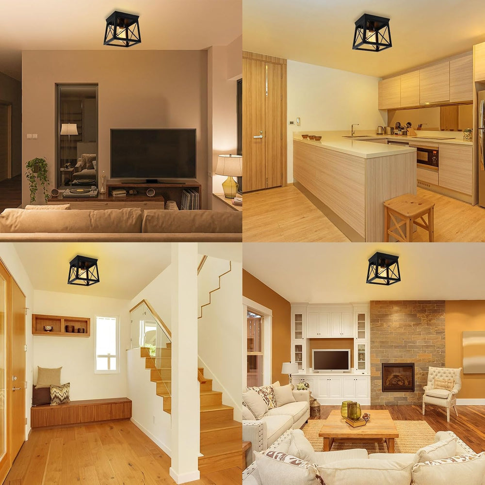 1 Light Black Industrial Flush Mount Ceiling Light Fixture - Square Farmhouse...