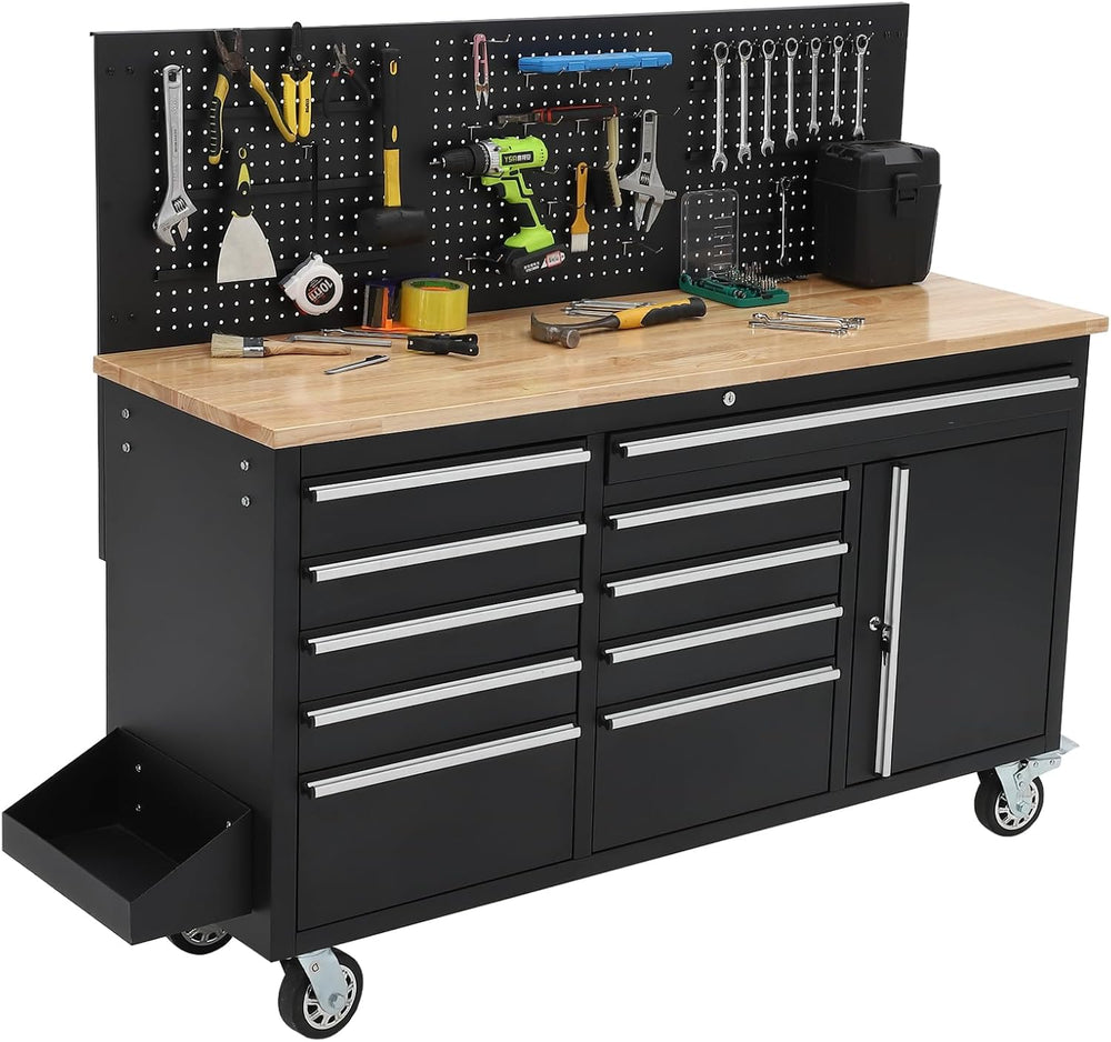 IDEALHOUSE 61-inch Rolling Tool Chest, 10 Drawers Garage Workbench Storage To...