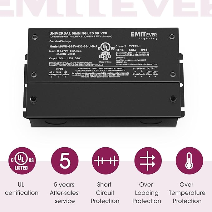EMITEVER Dimmable Led Driver, 2 Packs 30W AC 110V-277V to DC 24V Transformer