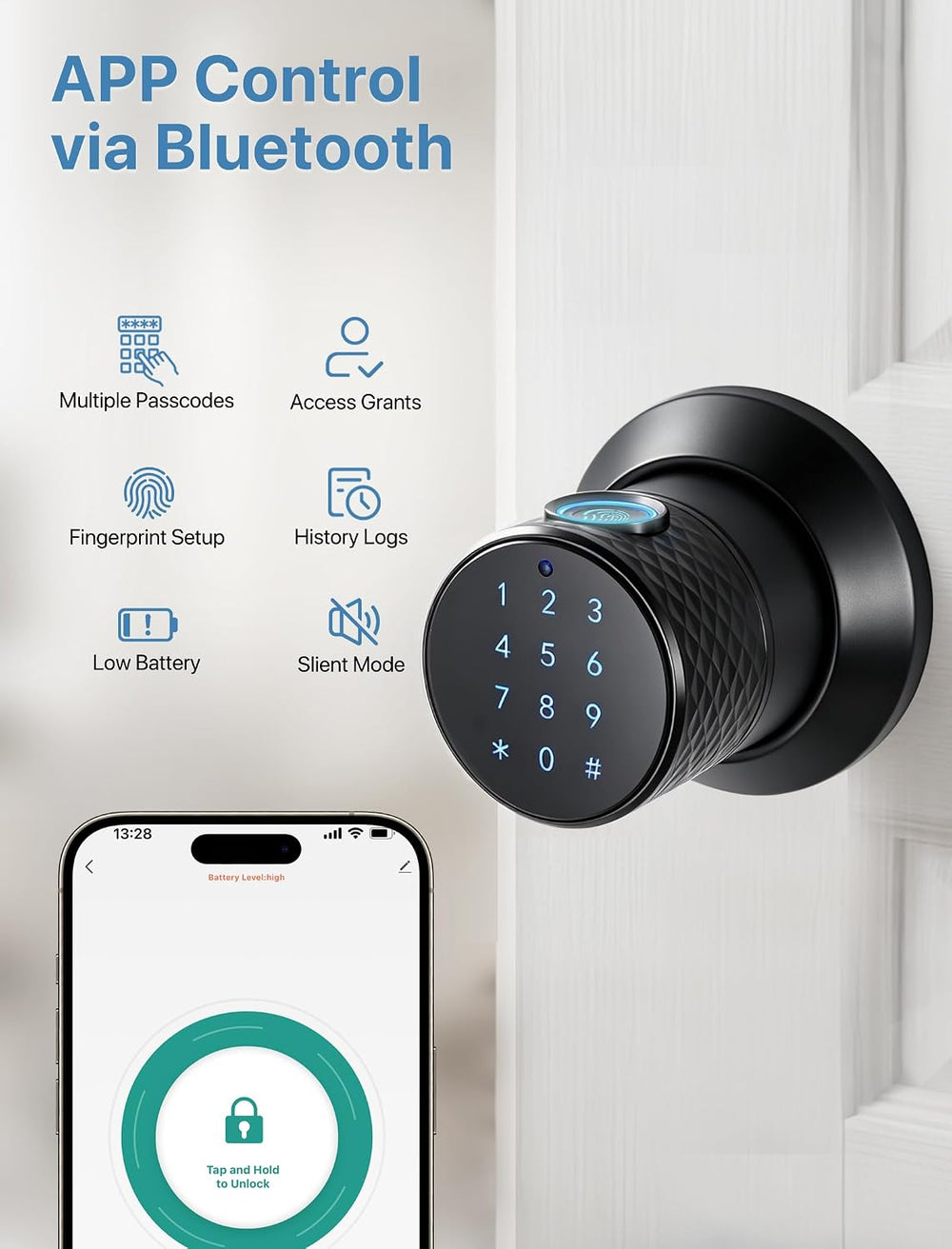 Smart Fingerprint Door Lock,Keypad Door Knob with App for Bedroom