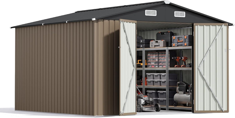Patiowell 10x10 FT Storage Shed, Outdoor Metal Sheds, Brown