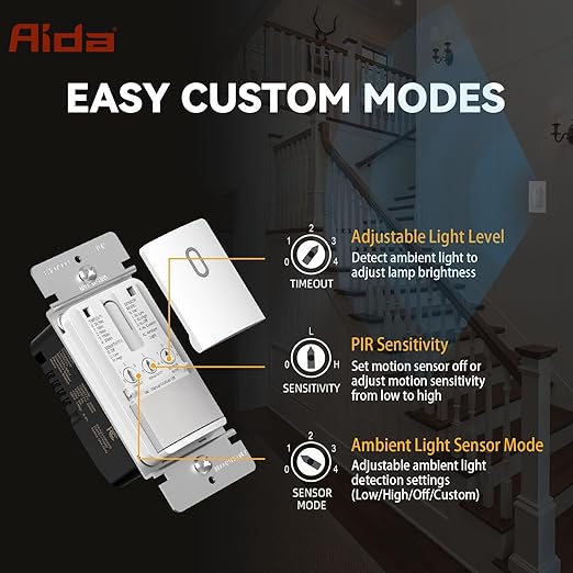 AIDA Single Pole Motion Sensor Light Switch w/Neutral Wire (4 Pack)