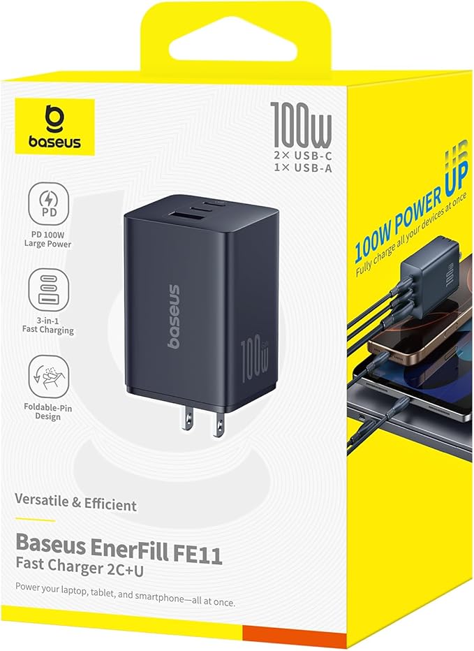 Baseus 100W USB C Charger Block, 3-Port Foldable Compact PPS Wall Charger
