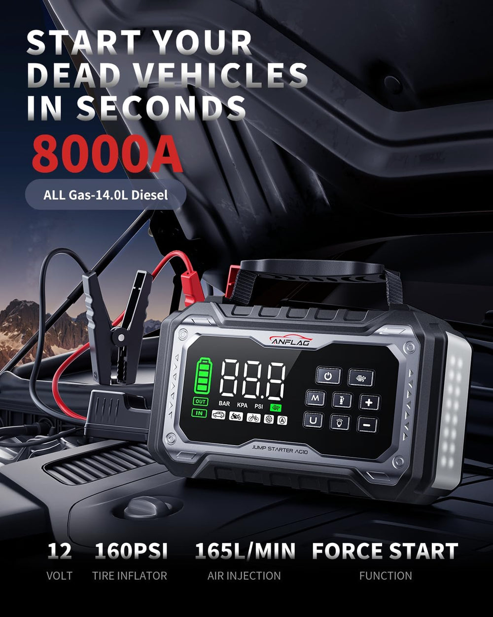 8000A Car Battery Jump Starter with 160PSI Air Compressor 165L/min Blower