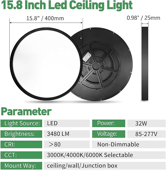 4PK 15.8 Inch Black LED Flush Mount Ceiling Light, 3000K/4000K/6000K CCT