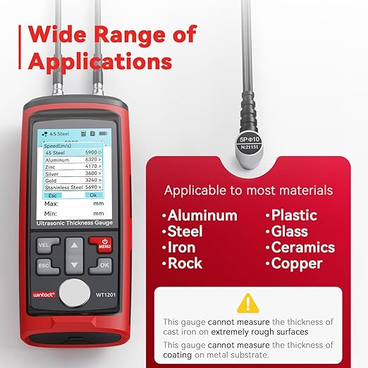 Wintact Digital Ultrasonic Thickness Gauge, Range 0.039 to 11.81 in