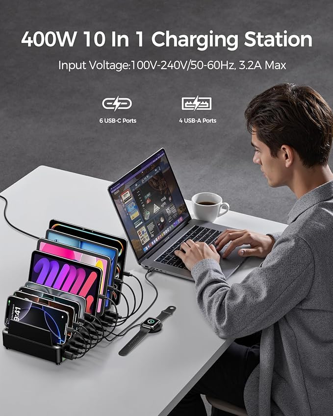 400W Charging Station for Multiple Devices, 10 Port Double PD 100W USB C