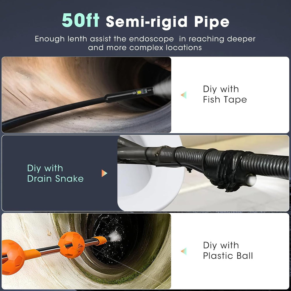 50FT Triple Lens Endoscope Camera,5" Sewer Drain Pipe Inspection