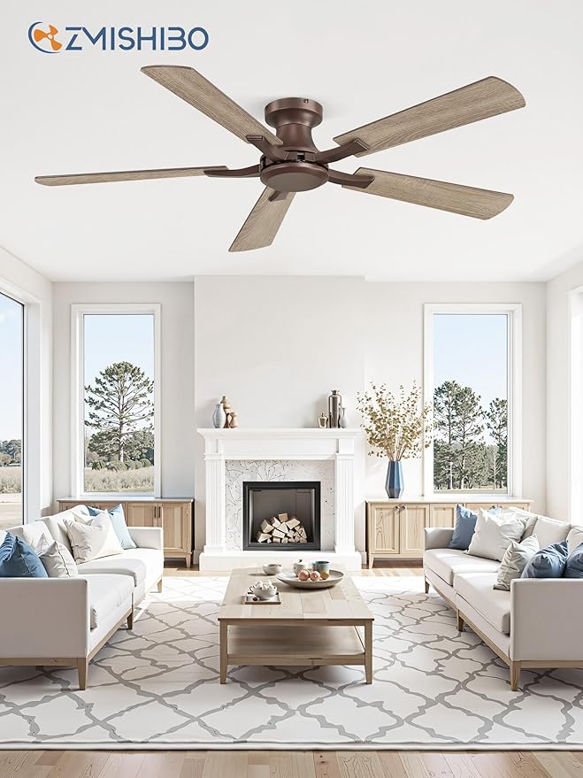 ZMISHIBO 52 Inch Ceiling Fan No Light, Flush Mount Low Profile, Farmhouse Brown