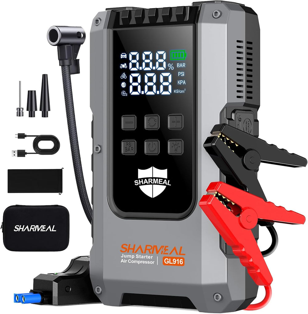6000A Jump Starter with Air Compressor 160PSI 12V for All Gas/10L Diesel