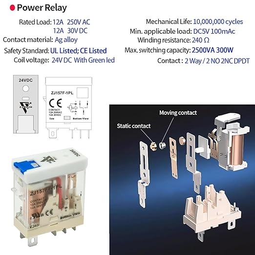 12 Pcs 12Amp Power Relay Switch UL Listed 24V DC Relay Coil, 5 Pin SPDT 1NO 1NC