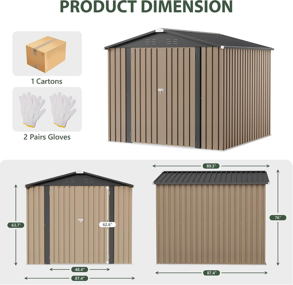 JUMMICO 8x8 FT Outdoor Storage Shed, Tool Metal Sheds, Brown