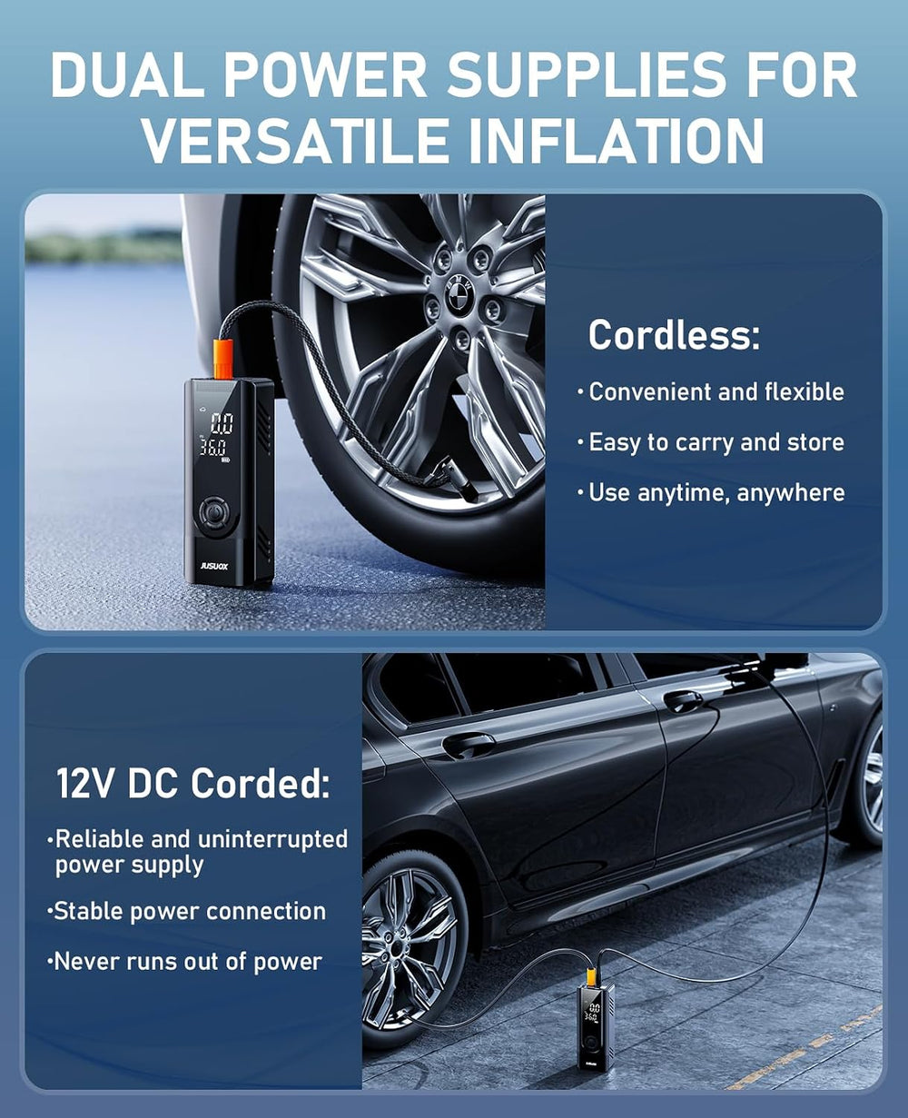 Tire Inflator Portable Air Compressor, 150 PSI Dual Power