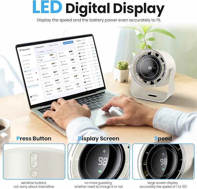 WSKEN Desk Fan with Battery Operated, Quiet Digital Display Portable Fan