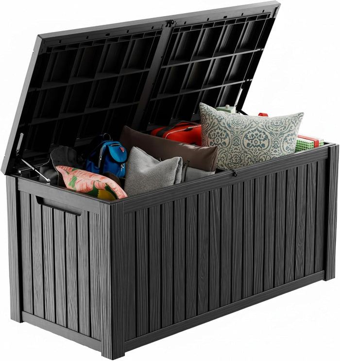 200 Gallon Waterproof Resin Outdoor Storage Box with Hydraulic Gas Strut & Metal Support Rod, Soft Close Lockable Deck Storage Container for Patio Furniture, Garden & Pool Supplies, Black