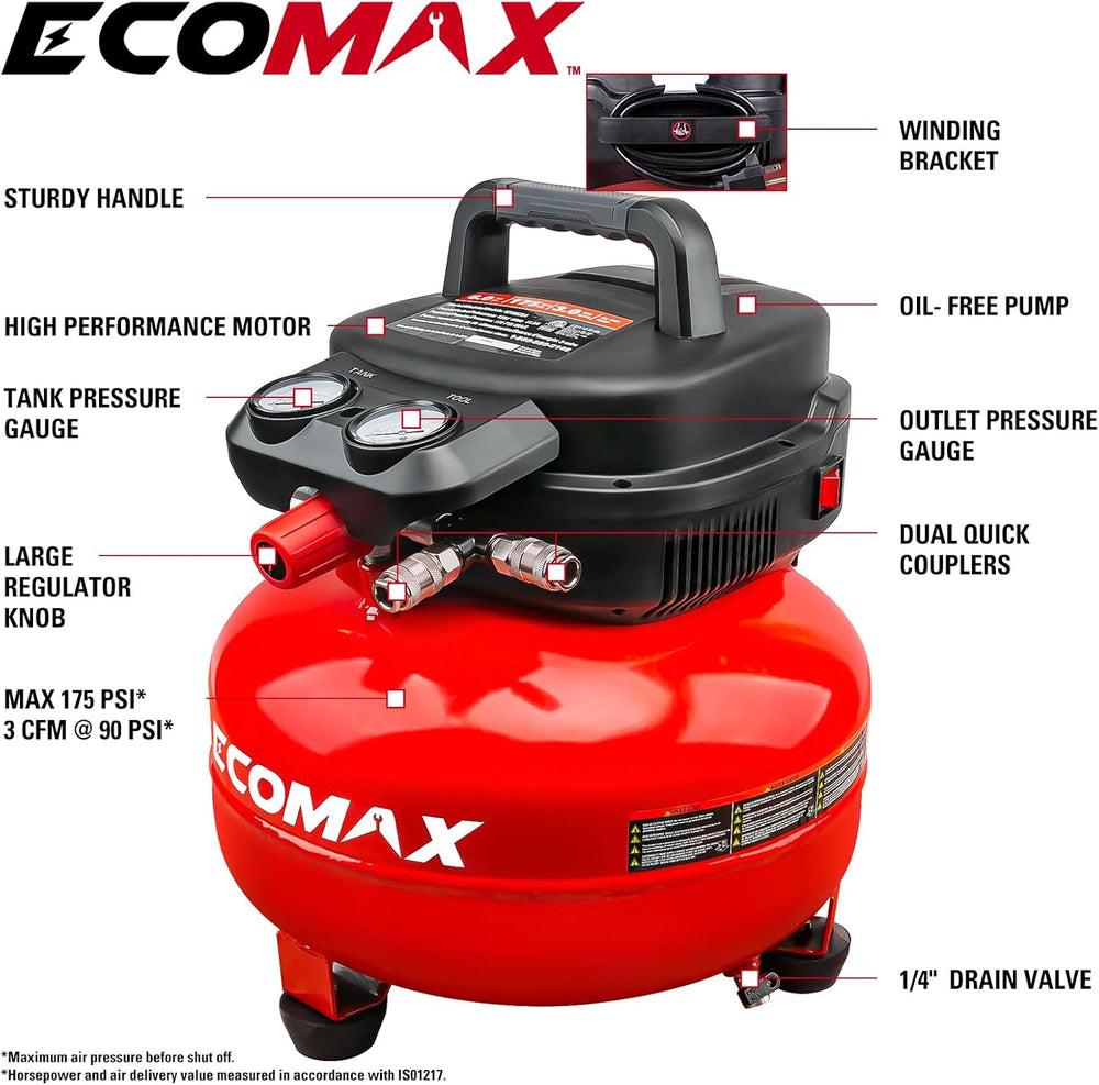 ECOMAX 6 Gallon Pancake Air Compressor 175PSI 3 CFM @ 90 PSI