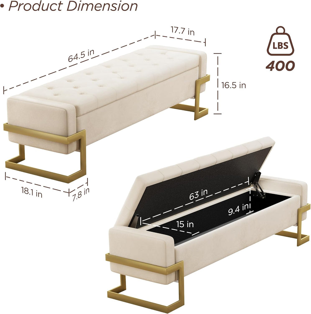 FiveWillowise 65 Inch Bedroom Storage Bench,Velvet End of Bed Benches