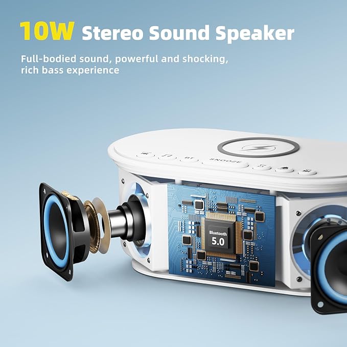 Sound Machine Alarm Clock Wireless Charger: Bluetooth 10W Stereo Sound Speaker