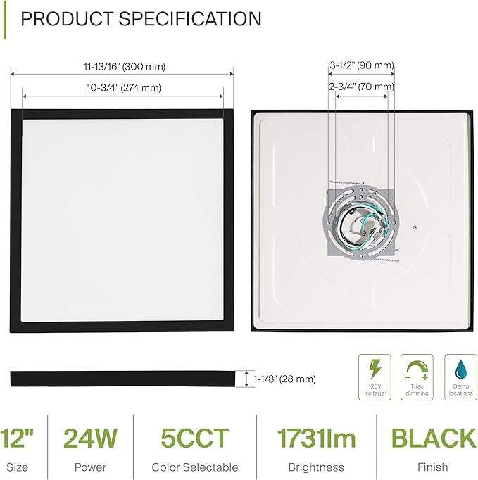 ASD LED 12" Square Flush Mount Ceiling Light Fixture, Low Profile Surfac...