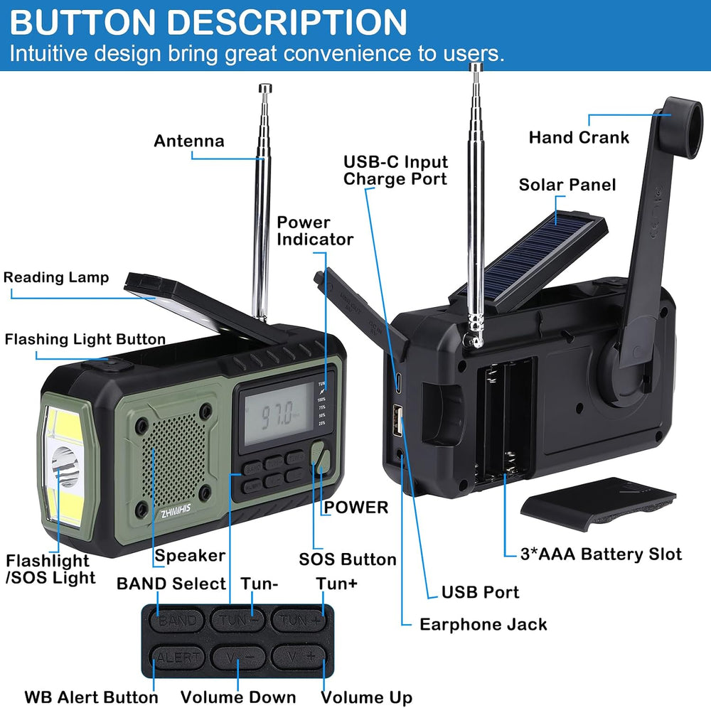 ZHIWHIS Emergency Radio, NOAA Weather/AM/FM Portable Hand Crank Solar Radios ...