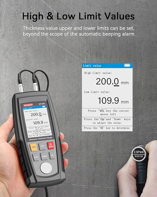 Wintact Digital Ultrasonic Thickness Gauge, Range 0.039 to 11.81 in
