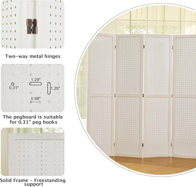 Room Divider Freestanding Folding Pegboard Privacy Screen 4-Panel Display Stand